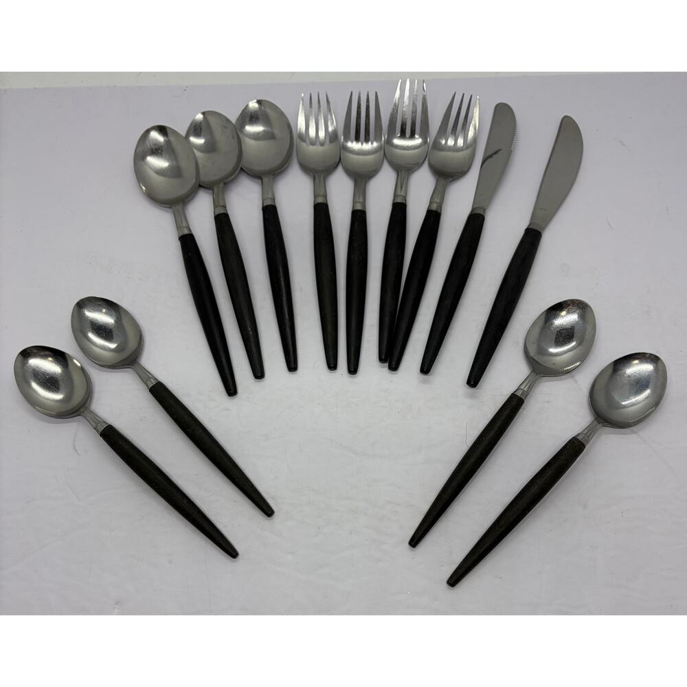 Vintage Kaysons Golden Rhapsody Flatware Black Handles Stainless Japan 13 Pieces